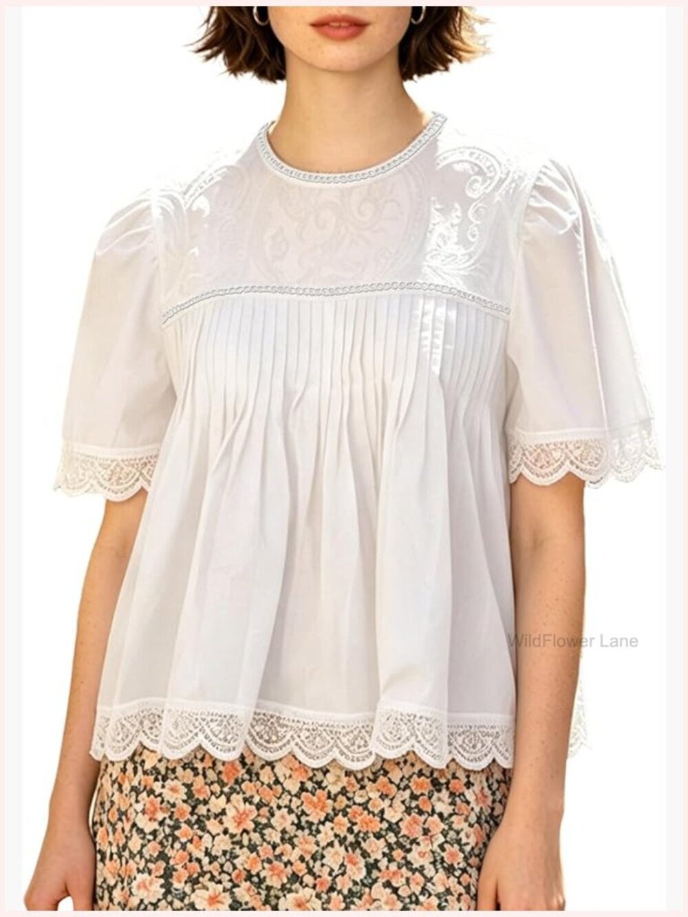 Hand Crochet Lace Floral Embroidery Pleated Swing Tops Puff Short Sleeve Loose